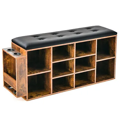 Wooden Shoe Bench 10-Cube Storage Organizer W/ Umbrella Holder & Padded Cushion • $114.99
