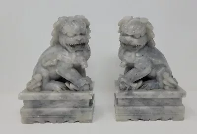 Pair Of Vintage Chinese Gaurdian Foo Dogs Stone Marble Carved Statues Bookends  • $48.95