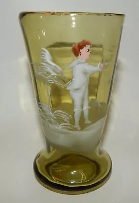 Vintage Mary Gregory Olive Green Enameled Glass Vase - Boy With Birds • $24.99