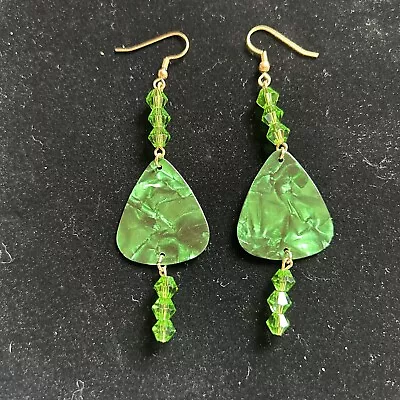 Green Dangling Guitar Pick Gold FishHook Glass Beads Fashion Earrings • $5