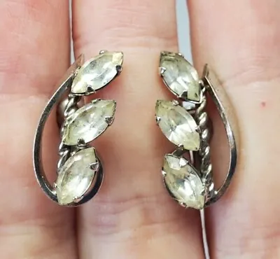 Vintage Van Dell Sterling Silver Clear Marquise Rhinestone Screwback Earrings • $12