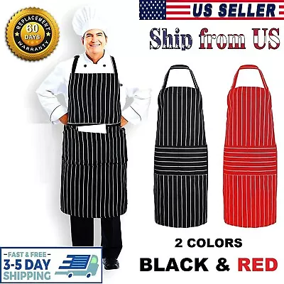 Apron Washable Pocket Waiter Chef Kitchen Cooking Striped Black White Red Bib • $8.99