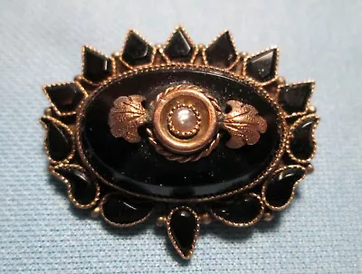 ANTIQUE VICTORIAN SEED PEARL & ONYX MOURNING BROOCH  YELLOW GOLD Jewelry • $195.77