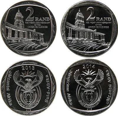 SOUTH AFRICA/SOUTH AFRICA 2 X 2 Rand 2013 + 2014 UNC 'Union Buildings' (2 Types) • $3.98