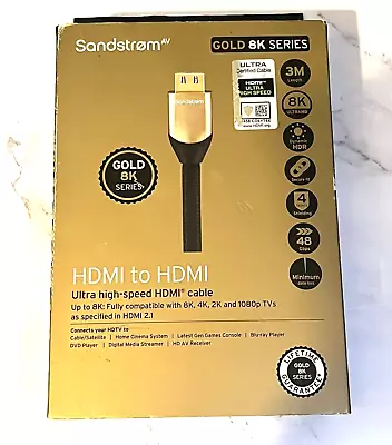 Sandstrom 3m HDMI UltraHD Cable Gold 8K Series Boxed 4K 2k 1080p HDR 48Gbps VGC • £39.99