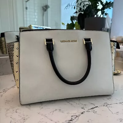 Michael Kors White/Black/Snake Print Saffiano Leather Large Selma Satchel • $45