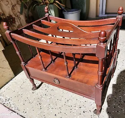 FINE ANTIQUE COLUMBIA FLAME MAHOGANY CANTERBURY MAGAZINE RACK W BRASS CASTERS • $199.95