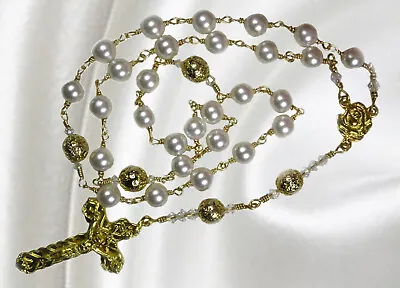 Handmade Unbreakable Anglican Pearl White And Gold Plated Lava Rock Rosary • $77.95