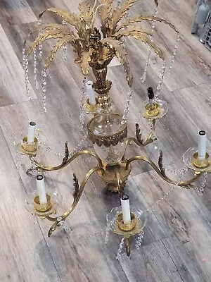 Vintage Czechoslovakia Hollywood Regency 5 Arm Gold Brass And Crystal Chandelier • $199