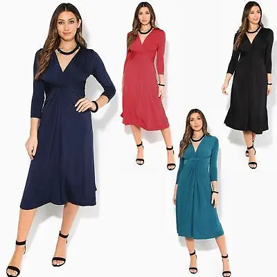 Women Ladies V Neck Midi Dress Knee Long A Line Skirt 3/4 Sleeve Knot Party Work • £10