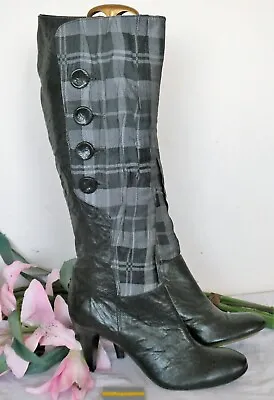 Super Manas Lea Foscati Grey Check/black Leather Heeled Knee Boots EU41 NWOB • £55