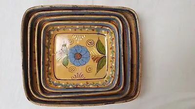 Vintage Mexican Tlaquepaque Nesting Bowls 4 Clay Pottery Flowers Signed Handmade • $45