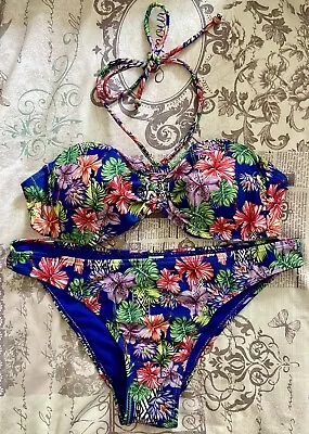 Primark Blue Tropical Floral Halterneck Bikini / Swimwear BNWOT Size 12 • £4.99