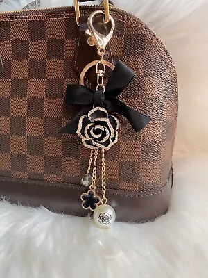 Camellia Flower Pearl Pendant Bag Charm Keychain Fashion Black • $14.99