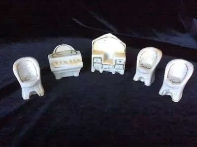 Five Vintage Ceramic Dollhouse Miniatures: 3 Chairs 1 Dresser 1 Piano  Japan  • $28