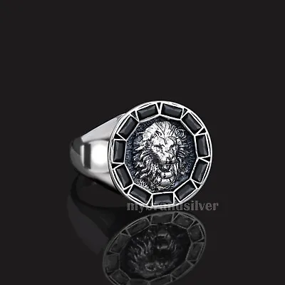 Solid 925 Sterling Silver Jewelry Lion Design Onyx Stone Men's Ring All Size • £48.26