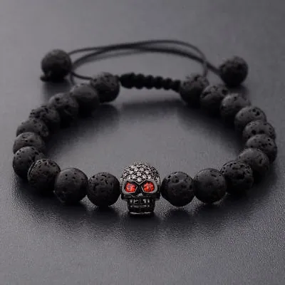 Luxury Man's Lava Stone Zircon Black Skull Head Beads Braided Macrame Bracelets • $7.59