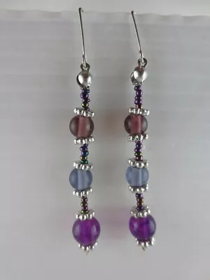 Dangling Silvertone Mystic/Shades Of Amethyst Glass Bead Earrings 2 1/4  Long • $6.99