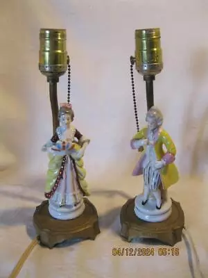 Vintage Pair Of Victorian Porcelain Couple Figurine Lamps Metal Base Pull Chain • $19.99