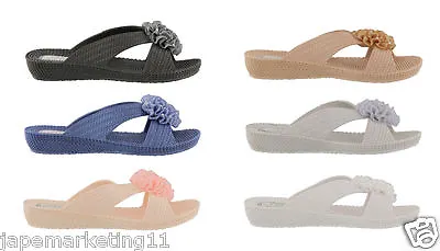 Ella Womens Ladies Flower Nicki Low Wedge Slip On Sandals Sliders Flip Flops • £9.99