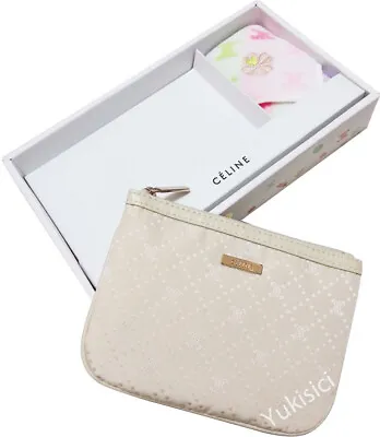 CELINE Zip Pouch & Mini Face Towel Logo Monogram Gift Set-Beige & Pink-NIB • $48.99