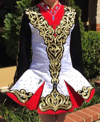 Elegant Red White Gold Black Irish Dance Solo Dress MaureenMchughDesigns U12-14 • $399