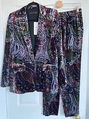 Zara Rare Paisley Velvet Mulberry Silk Co Ord Suit Blazer & Trousers Size S BNWT • £125