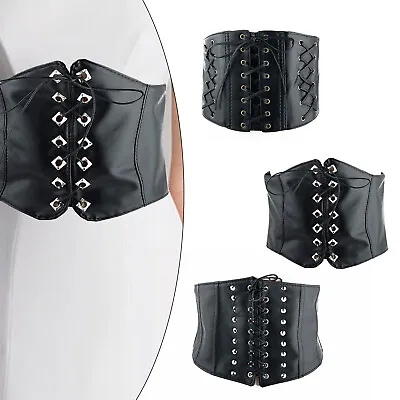 Ladies Waist Cincher Wide Band Elastic Tied Waspie Corset PU Leather Belt UK • £9.55