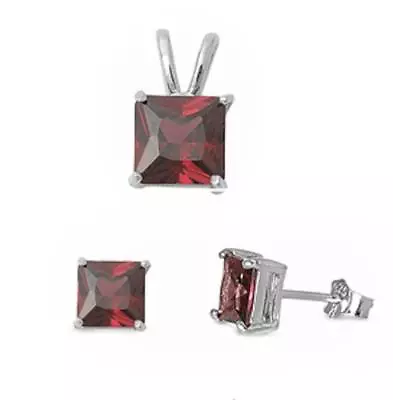 Princess Red Garnet .925 Sterling Silver Earrings And Pendant Set • $18.86