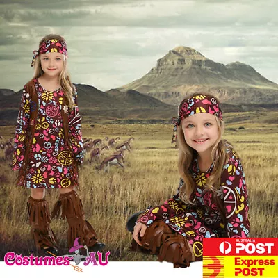 $20.95 • Buy Kids Girls Hippie Hippy Costume Book Week Party Halloween 60s 70s Fancy Dress
