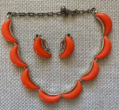 Vtg 1950’s Orange Thermoset Crescent Shaped Necklace & Earrings Set • $20