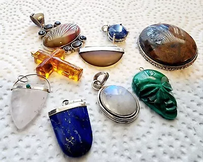 Vintage Retro Jewelry Lot 925 Sterling Silver Pendant Charms Agate Amber Lapis  • $29.99