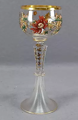 German Bohemian Enameled Chrysanthemum & Gilt Cut Roemer Hock Wine Glass C.1880s • $250