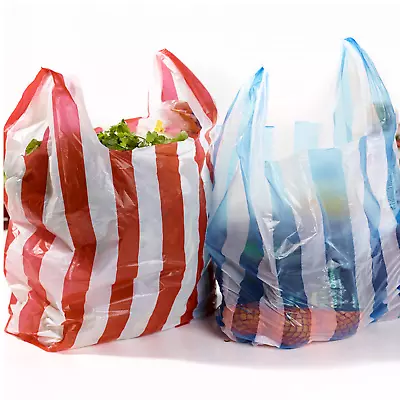 100 Vest Carrier Bags Candy Stripe Blue/White Or Red/White Takeaway Market Shop  • £3.93