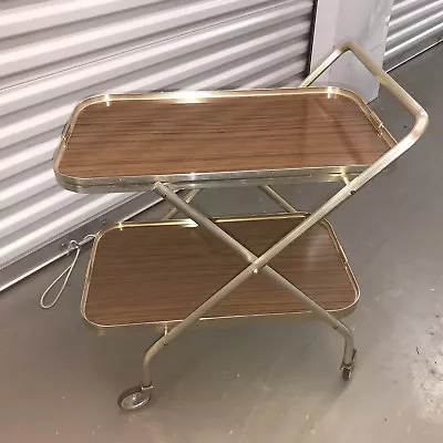 🌟 Mid Century Modern Gold & Wood Veneer Folding Drinks Tea Trolley Bar Cart • £95.89