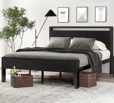 14  Full Metal Platform Bed Frame With Wooden Headboard And Footboard Black Oak • $168.99