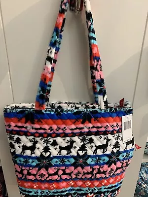 Vera Bradley Small Vera Tote Bag Nordic Stripe Purse Reindeer Fleece Holiday NWT • $54.52