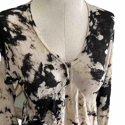 T Party Womens Long Sleeve Tunic Black Ivory Tie-Dye V Neck Stretch Knit NMT! S • $14.50