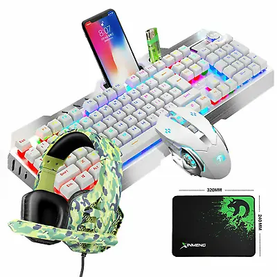 $18.99 • Buy Gaming Keyboard Mouse Headset Combo Wired Rainbow LED Backlit 104key Metal Panel