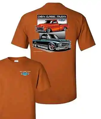 Chevy C10 T-Shirt - Orange W/ 2 Classic Trucks & Bowtie Emblem • $24.95