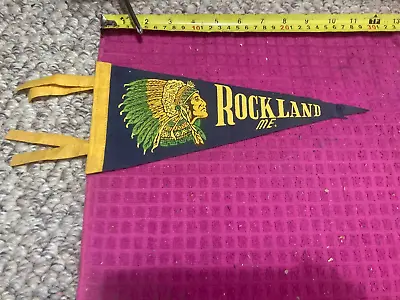 Vintage Rockland Maine SOUVENIR Pennant Banner INDIAN Native American HEADDRESS • $21.69