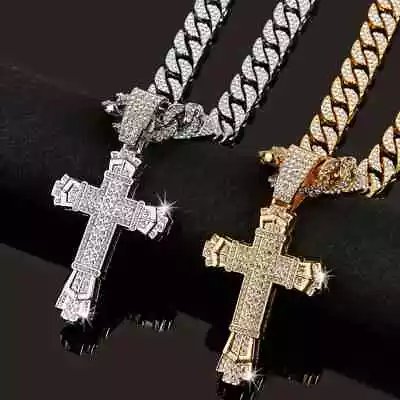 Large Bling Cross Pendant & 13mm 20  Iced Cubic Zirconia Chain Hip Hop Necklace • $22.99