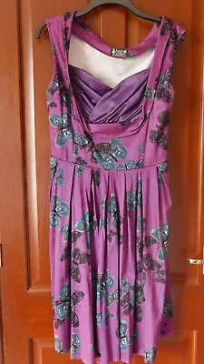 Lady Vintage London Cocktail Dress Size 14 Purple W. Blue & Green Butterflies • £29.99