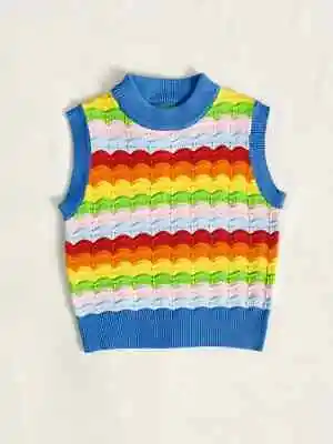 ✌vintage Retro 70's Style Hippie Sheik Groovy Rainbow Strip Knit Vest New Sz L • $27.99