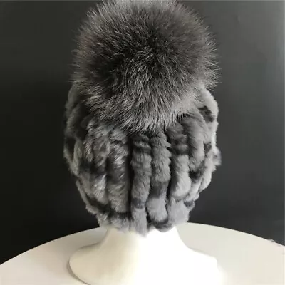 Knitted Stretch Real Rex Rabbit Fur Hat Beanie Cap Ski Cap W Fox Fur Ball -400 • $16.10