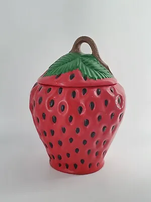 MediumVintage Ceramic Strawberry Canister Or Cookie Jar Red Black 9½ X7 X6  • $28.99