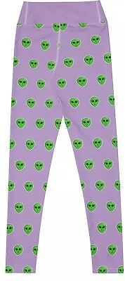 Purple Yoga Leggings With Green Alien Extraterrestrial Heads • $38.95