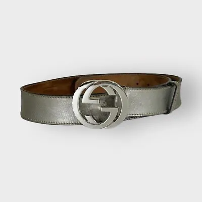 Authentic Gucci Belt Imprime Shiny Gray Canvas Monogram Interlocking G Size 38 • $215