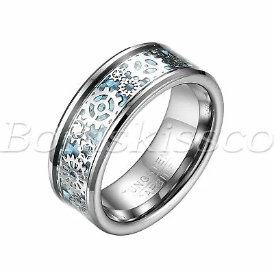 Men's Tungsten Ring Carbon Fiber Steampunk Gearwheel Wedding Band Valentine Gift • $14.99