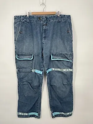 Marithe Francois Girbaud M+FG Jeans 44 Blue Shuttle Tape Taped 90's Distressed • $59.99